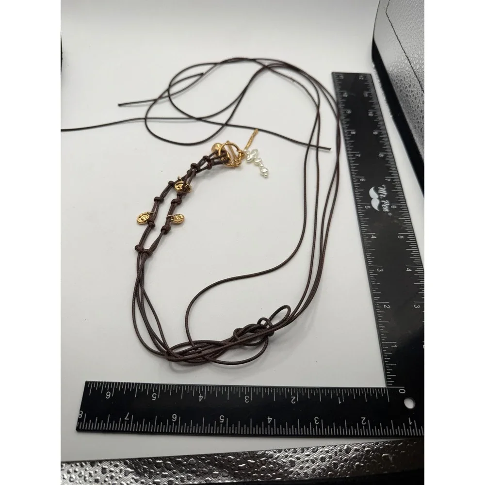 Boho Multi Strand Brown Cord Necklace Gold Tone Charms Baroque Pearl Toggle 32in
